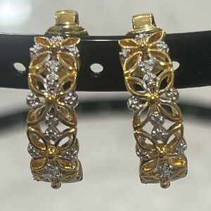 Elegant Gold and Silver Floral Hoop Clip On Earrings